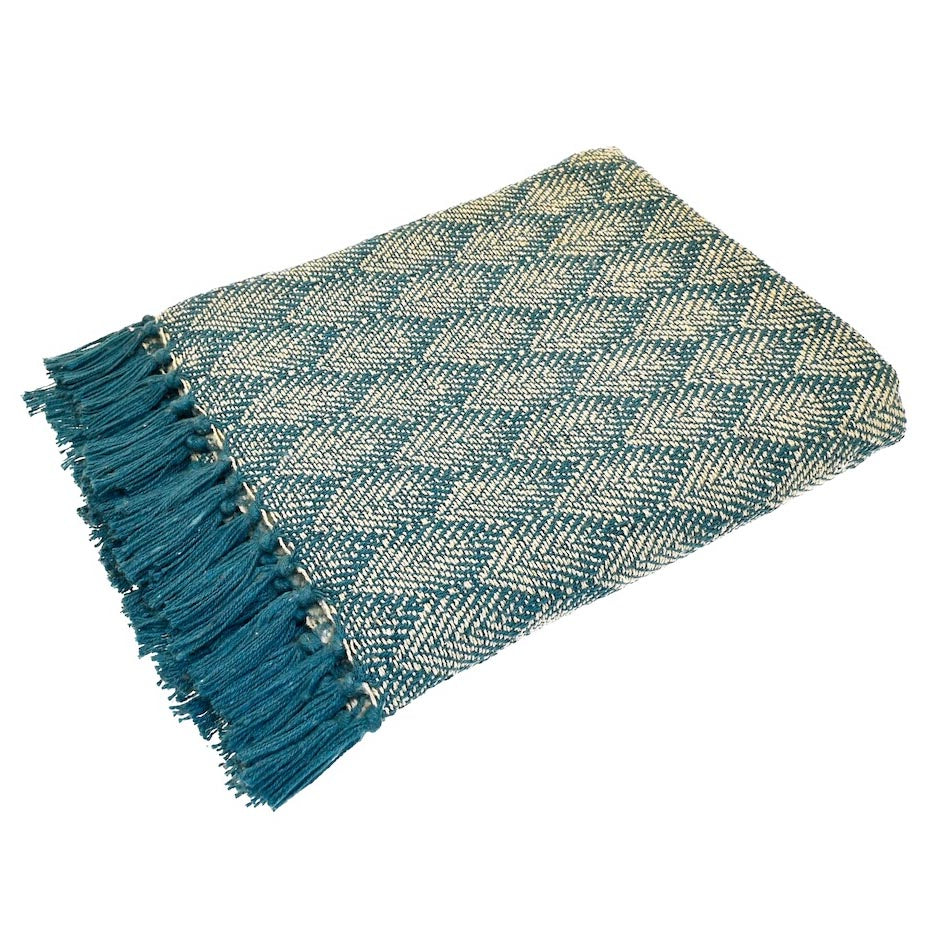 Folded Atlantic Blue throw showing green diamond weave pattern and blue fringed edges