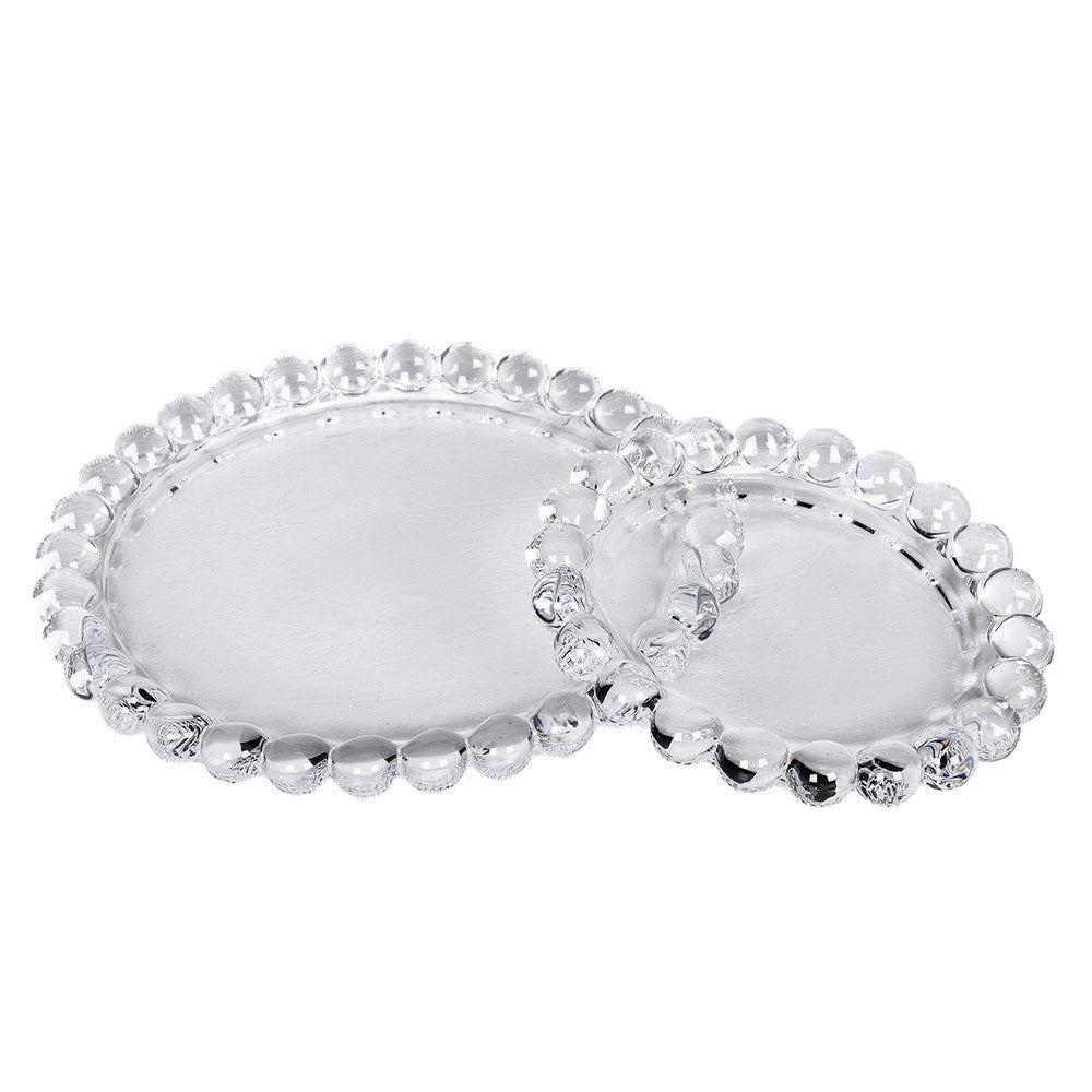 Two beaded edge glass candle plates in small and large sizes shown together against a white background.