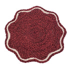 Circular red jute placemat with a scalloped edge and cream accent border on a white background.