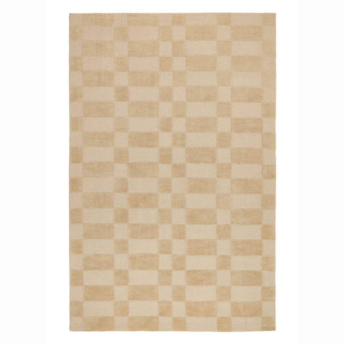 Overhead view of the Soho Beige rug showing the geometric checkerboard pattern in neutral tones.