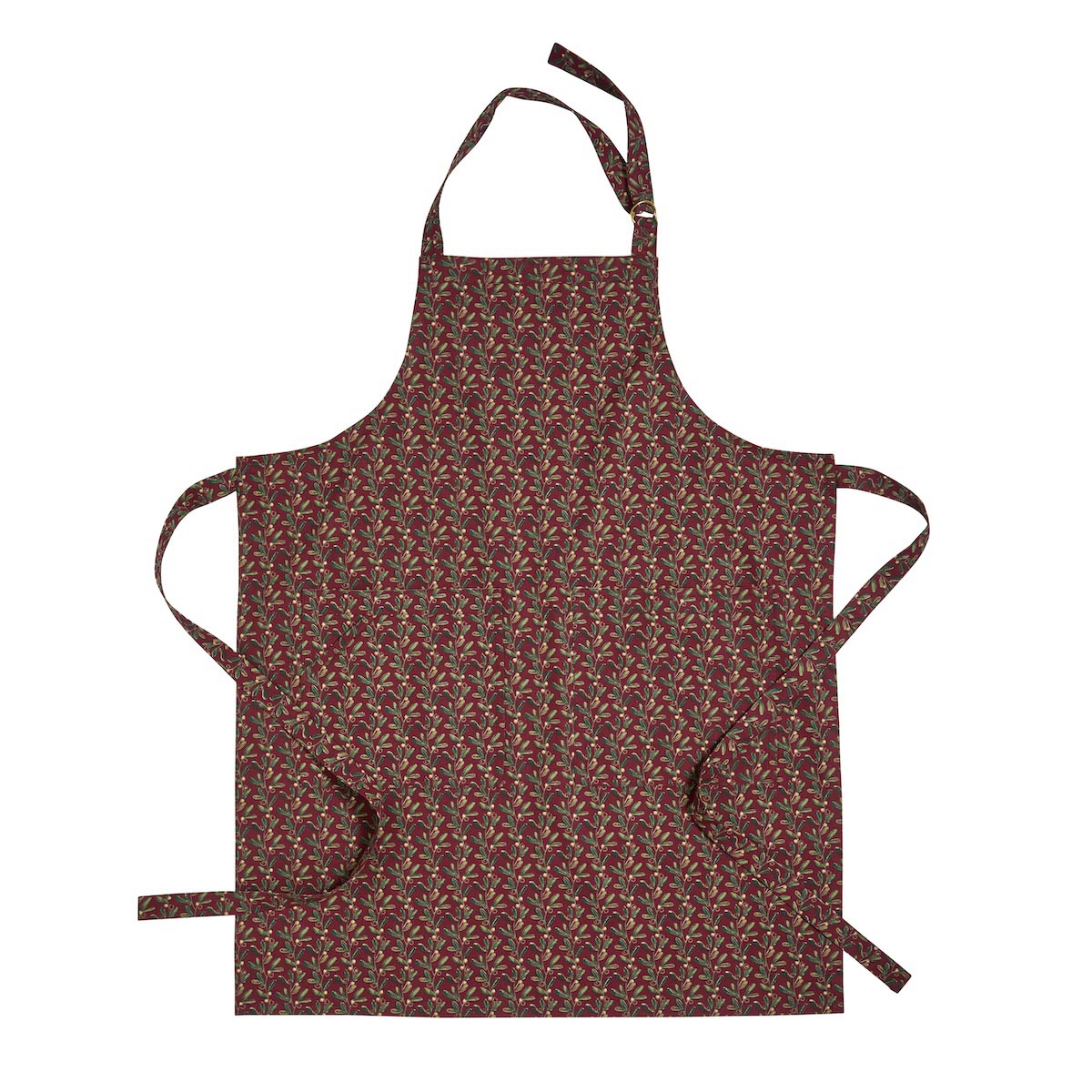 Red cotton Under the Mistletoe apron showing festive mistletoe pattern and adjustable straps.