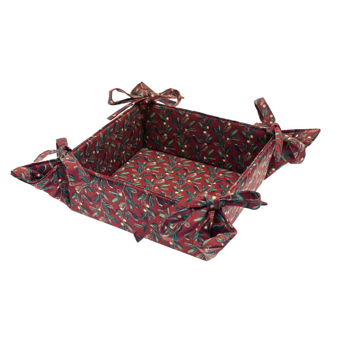 Red cotton bread basket with mistletoe print and bow-tied corners