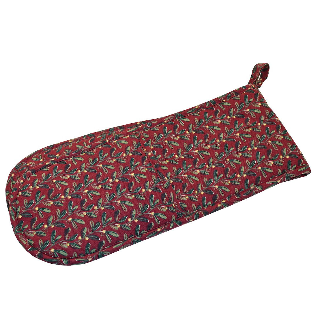 Red Under the Mistletoe double oven glove with green leaf and white berry pattern on white background
