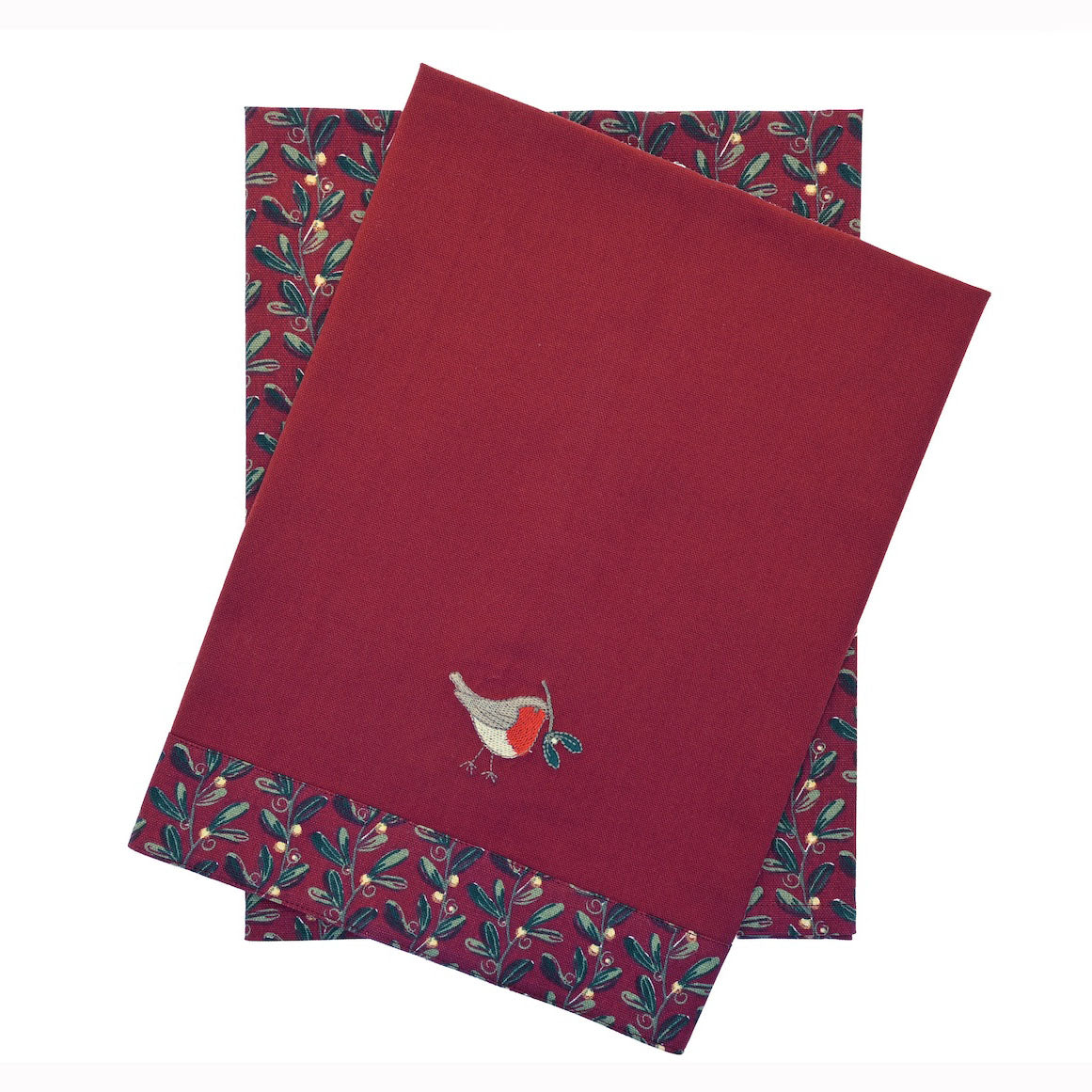 Set of two red Christmas tea towels, one with mistletoe print and one plain with a robin and mistletoe border.