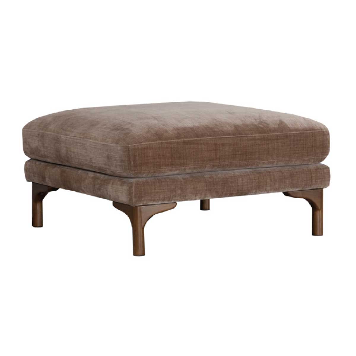 Florence footstool in brown fabric with dark wooden legs against a white background.