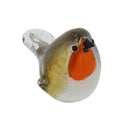 Handmade glass robin ornament with orange breast and smooth clear tail against a white background