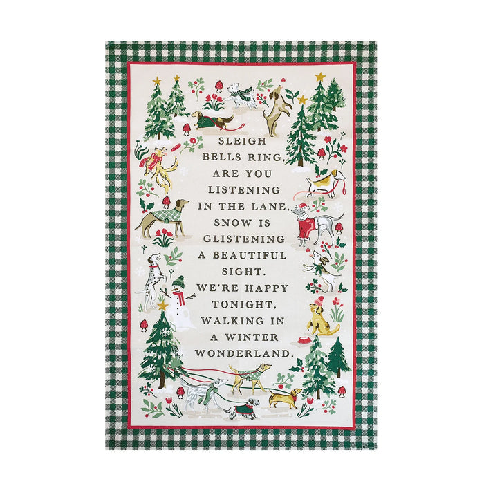 Winter Walkies tea towel featuring festive dog illustrations, song lyrics, and a green gingham border.