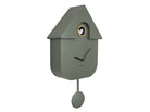 Side angle view showing the depth and metallic frame of the Jungle Green modern cuckoo clock