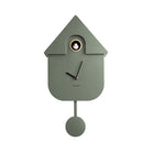 Front view of the Modern Cuckoo Clock in Jungle Green with black hands and a white cuckoo bird