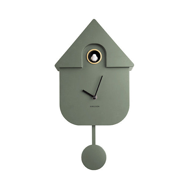 Front view of the Modern Cuckoo Clock in Jungle Green with black hands and a white cuckoo bird