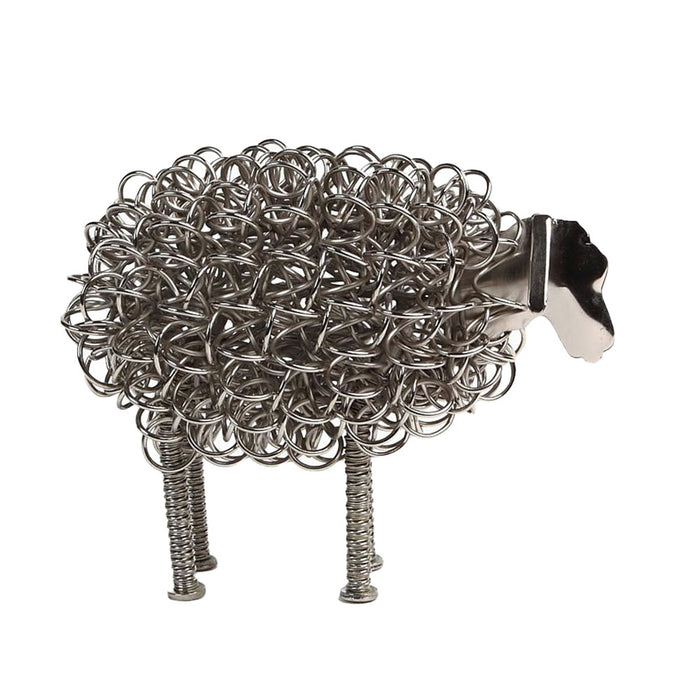 Hand-crafted nickel wire sheep ornament showing intricate coiled wire body and smooth metal head.