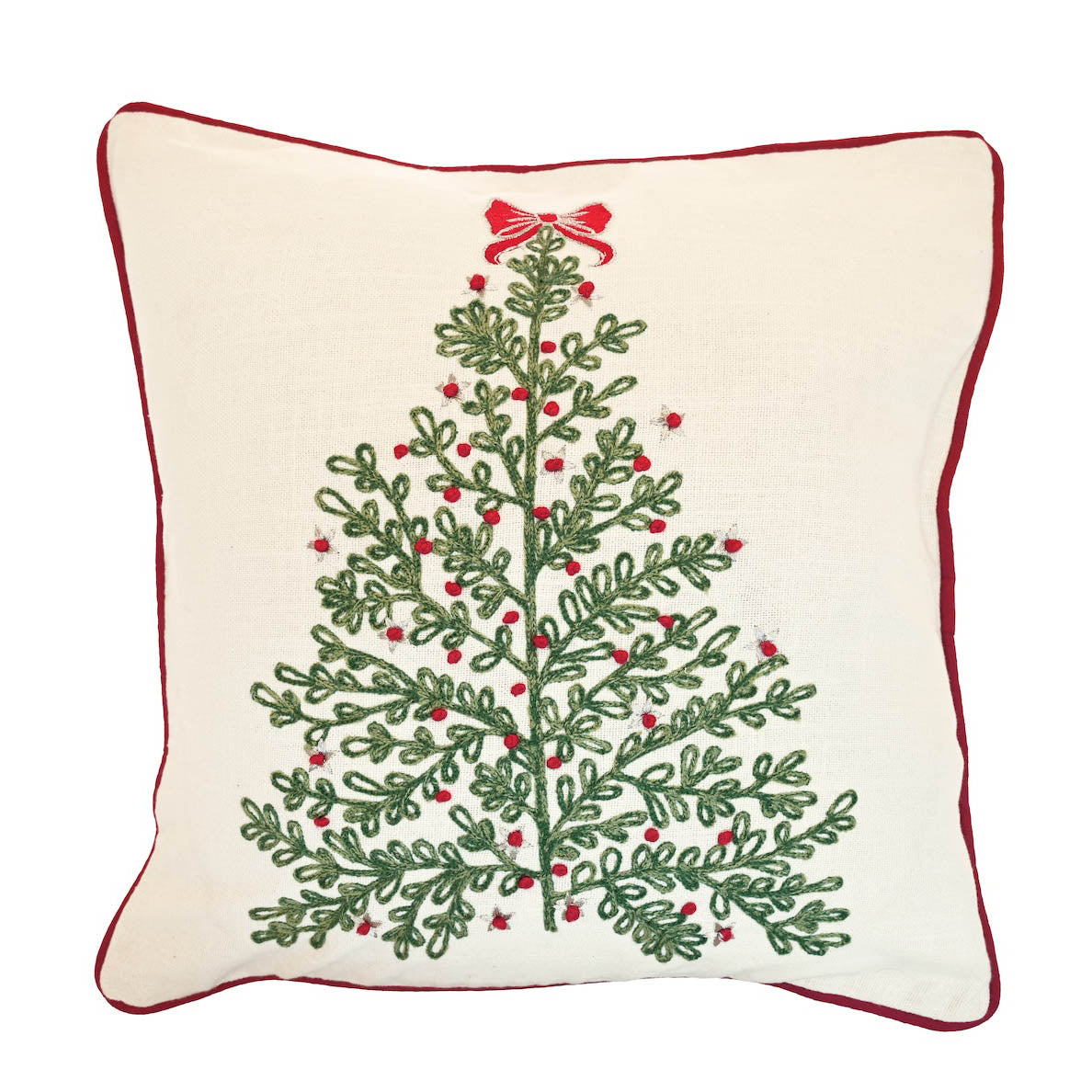 Winter Tree with Bow Cushion featuring an embroidered Christmas tree, red berries and bow on a cream base.