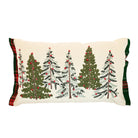Rectangular cotton cushion with embroidered green winter trees and red accents, featuring tartan edges.