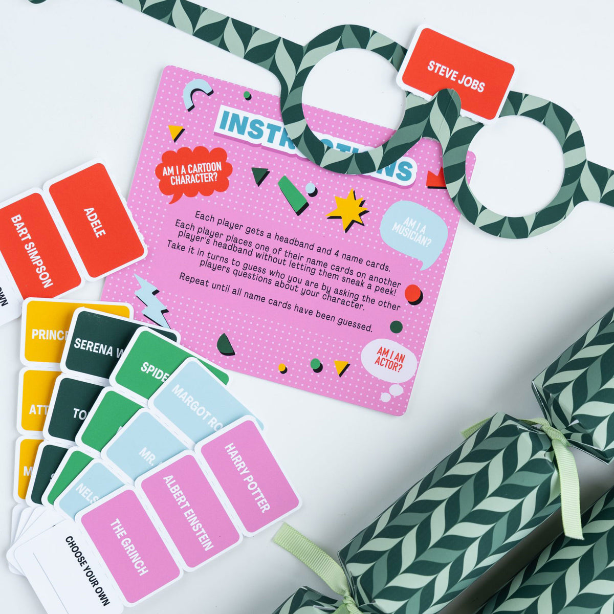 Detailed view of Who Am I name cards featuring various celebrities and characters for the game.