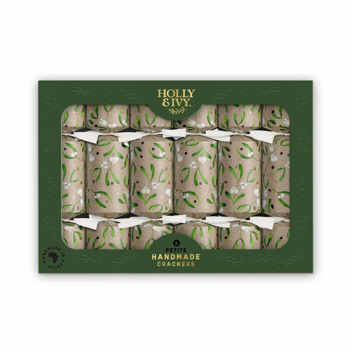 Set of 6 petite mistletoe crackers in a green display box