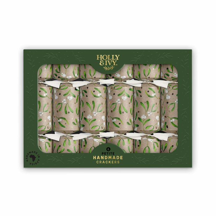 Set of 6 petite mistletoe crackers in a green display box