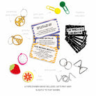 Illustration of cracker gifts including wine charms, puzzles, and activity cards