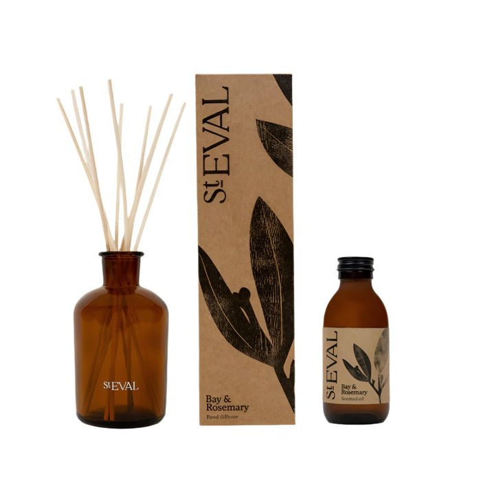 Bay and Rosemary reed diffuser set with amber glass bottle, reeds, fragrance oil and branded cardboard gift box.
