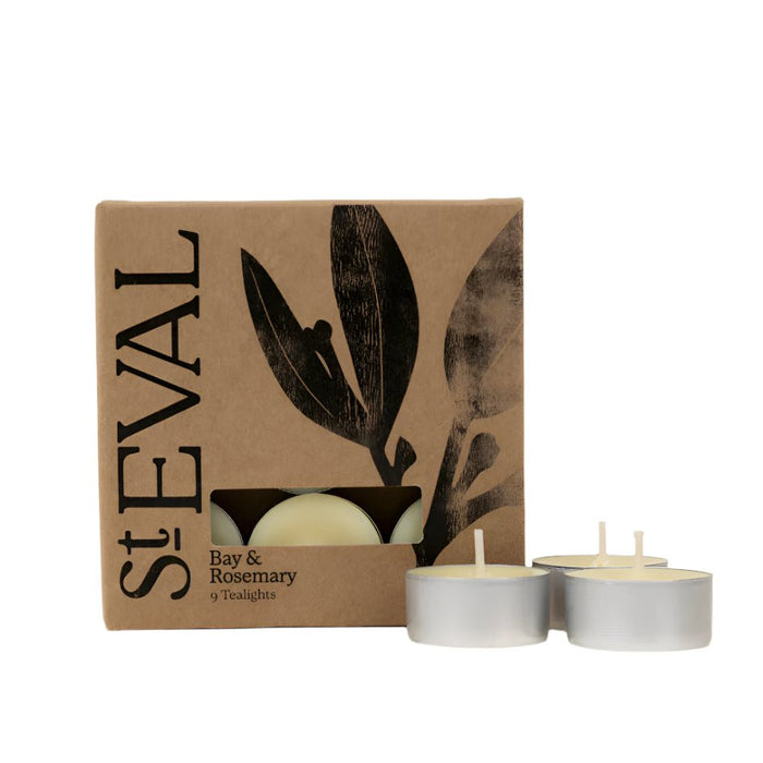 Box of nine Bay and Rosemary tealights with three candles placed outside the cardboard packaging