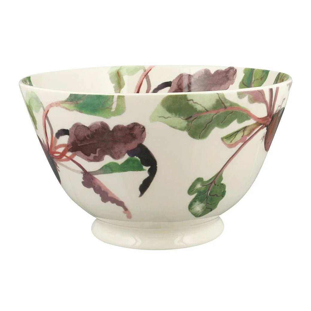 Back view of the Beetroot bowl displaying the continuous hand-painted botanical garden pattern