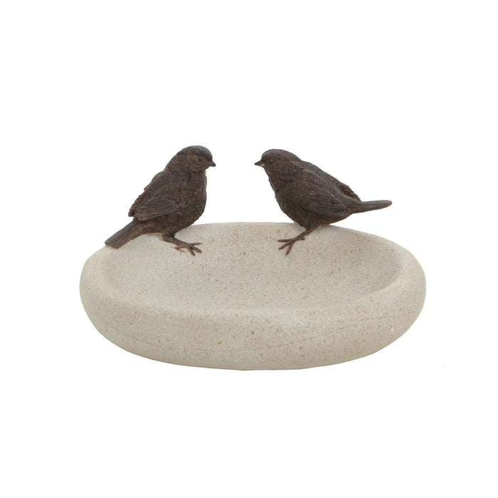 Rustic polyresin bird bowl with two decorative bird figures perched on the rim against a plain background