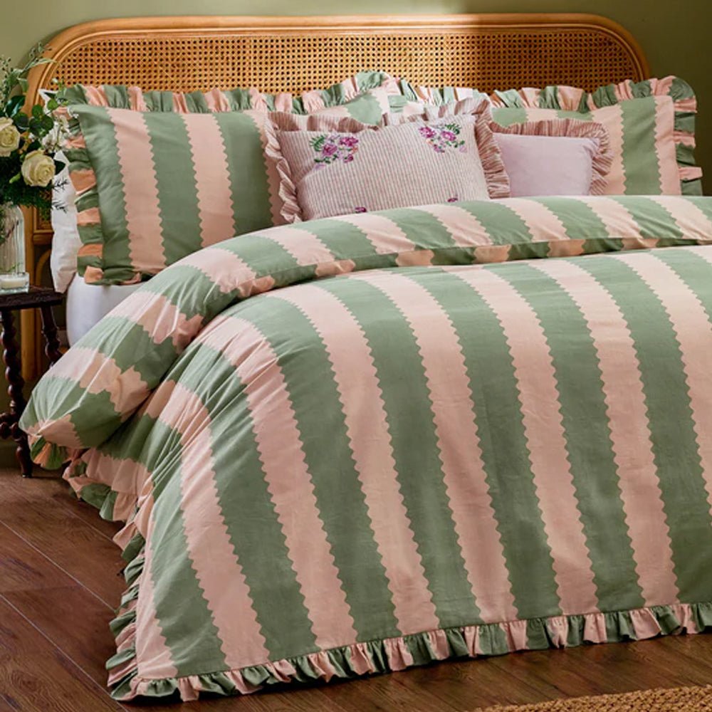 Birdie Stripe Ruffle Duvet Cover Set, Pink & Green Superking(6'),Kingsize(5'),Single(3'),Double(4')
