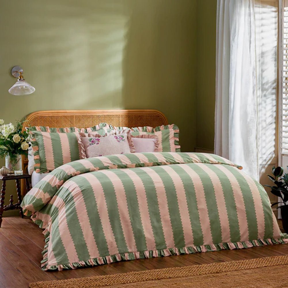 Birdie Stripe Ruffle Duvet Cover Set, Pink & Green Superking(6'),Kingsize(5'),Single(3'),Double(4')
