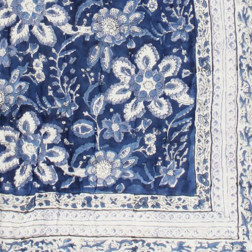 Blue and White Floral Print Cotton Bedspread