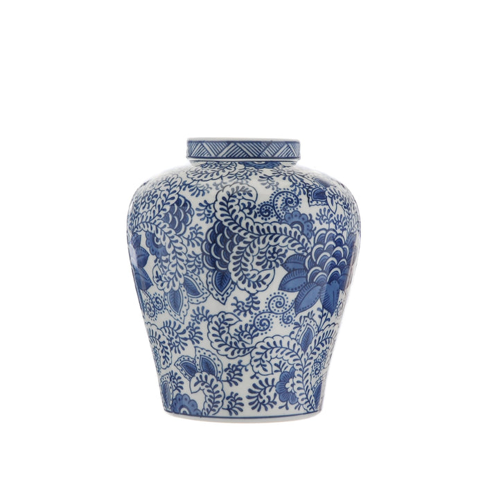 Rounded ceramic vase with intricate blue and white floral patterns on a white background