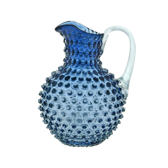 Blue Smoke Glass Hobnail Jug featuring a round body, tapered clear handle, and raised crystal texture.