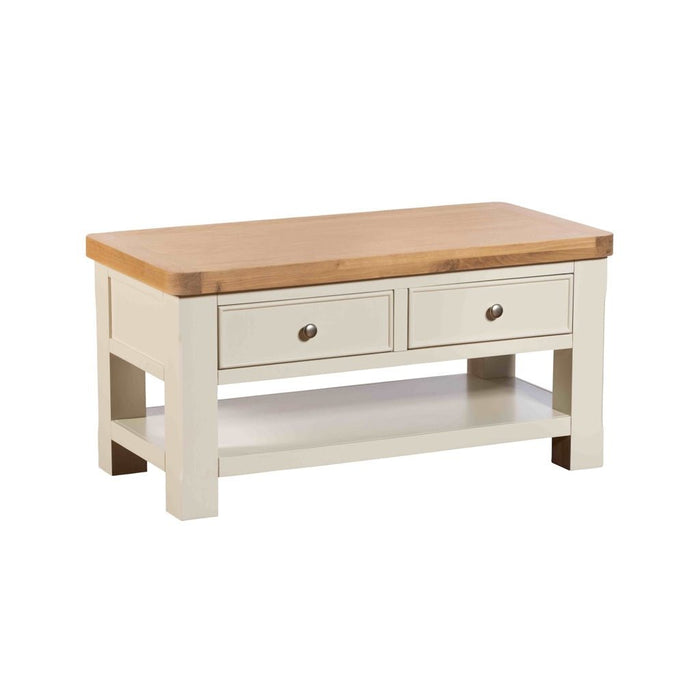 Burford coffee table with natural oak top and white painted frame featuring two drawers and a lower shelf