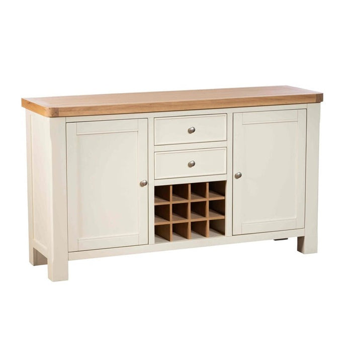 White wide sideboard with oak top and central wine rack against a white background