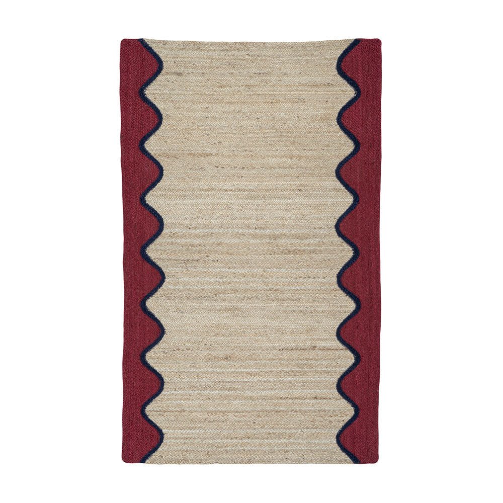 Rectangular natural jute rug with a decorative wavy burgundy and navy blue border