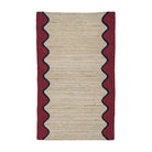 Rectangular natural jute rug with a decorative wavy burgundy and navy blue border