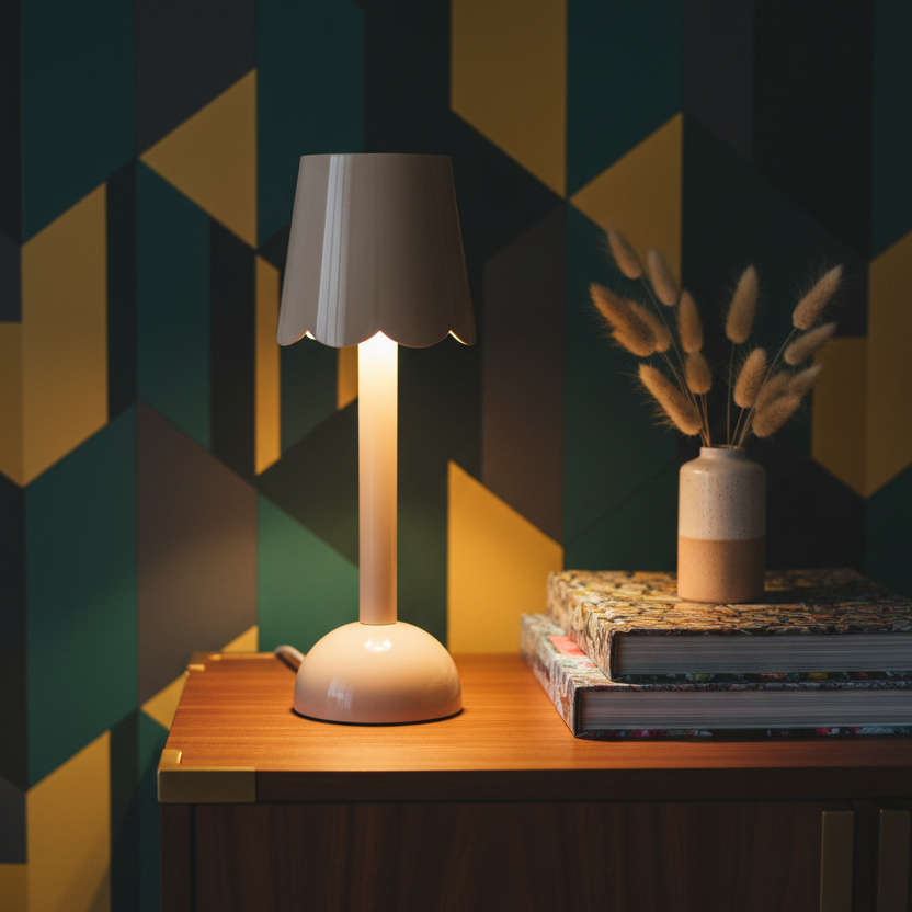 The cappuccino scallop lamp illuminated on a wooden sideboard next to books and a small vase.