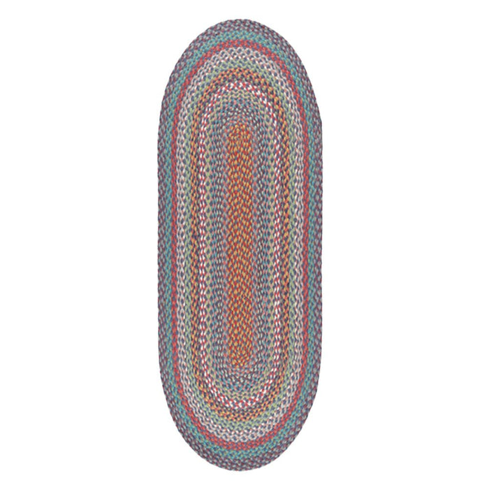 Oval Carnival Blue jute table runner with colourful interwoven braided pattern