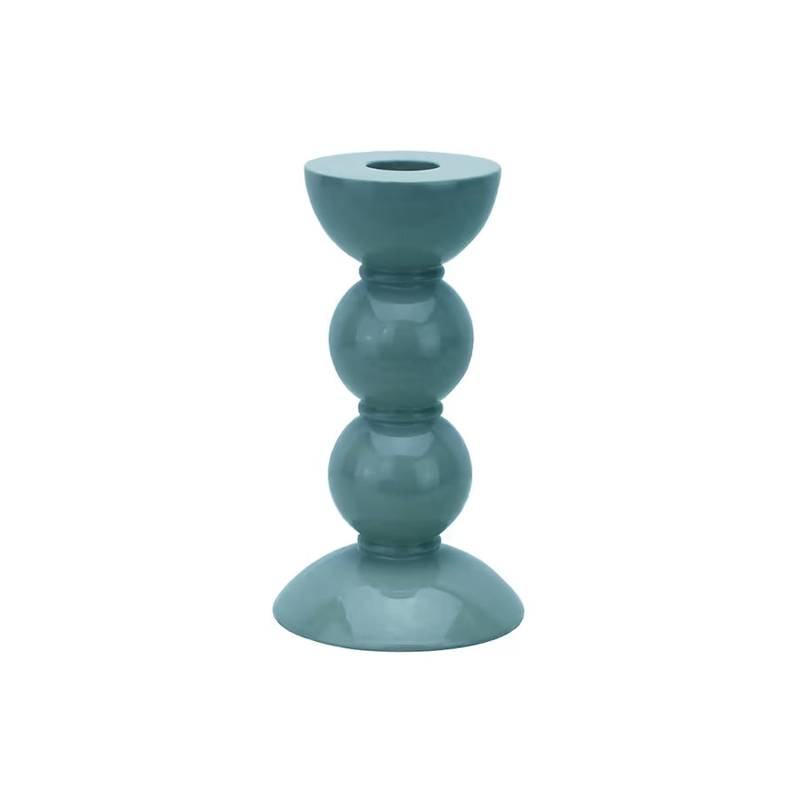 Small Bobbin Candlestick in high-gloss Chambray Blue showing the three-sphere turned wood silhouette.