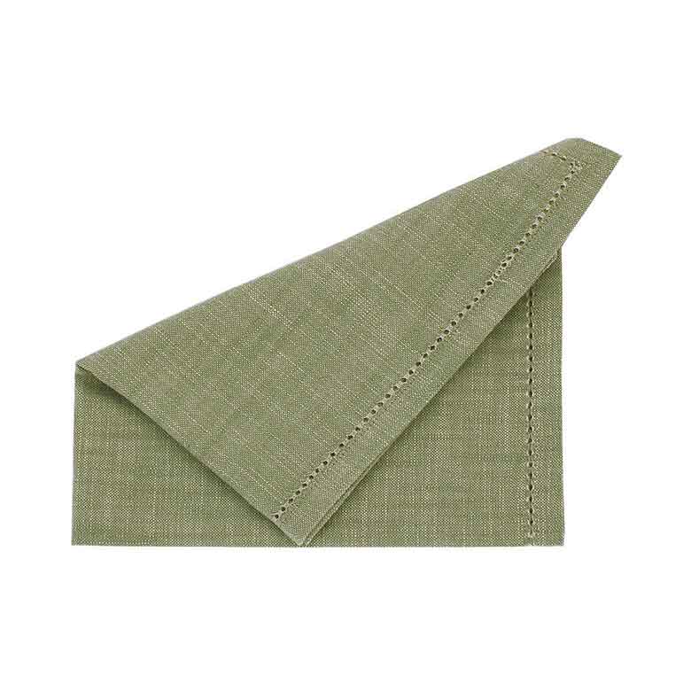 Olive green chambray cotton napkin folded to show the needled-out border detail and linen-like texture.