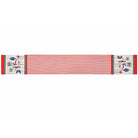 Full-length view of a 230cm cotton table runner with stripes and illustrated ornament ends.