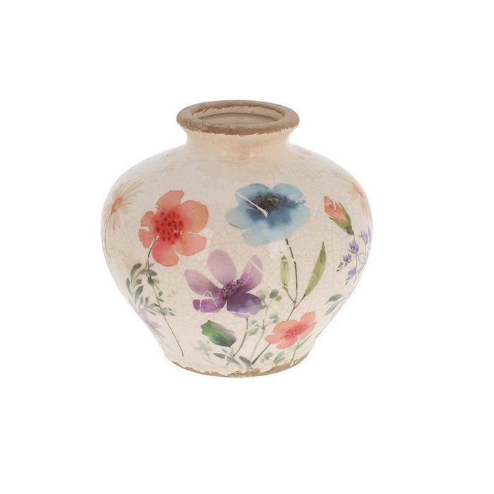 Small cream glazed vase with colourful floral motif including blue, purple and orange flowers
