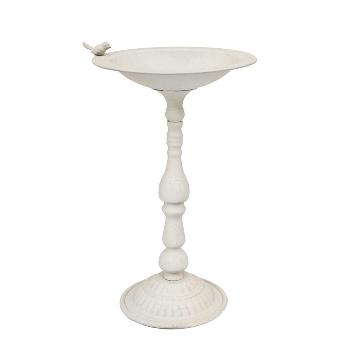 Elegant cream-painted metal bird table with decorative pedestal and bird detail on a white background