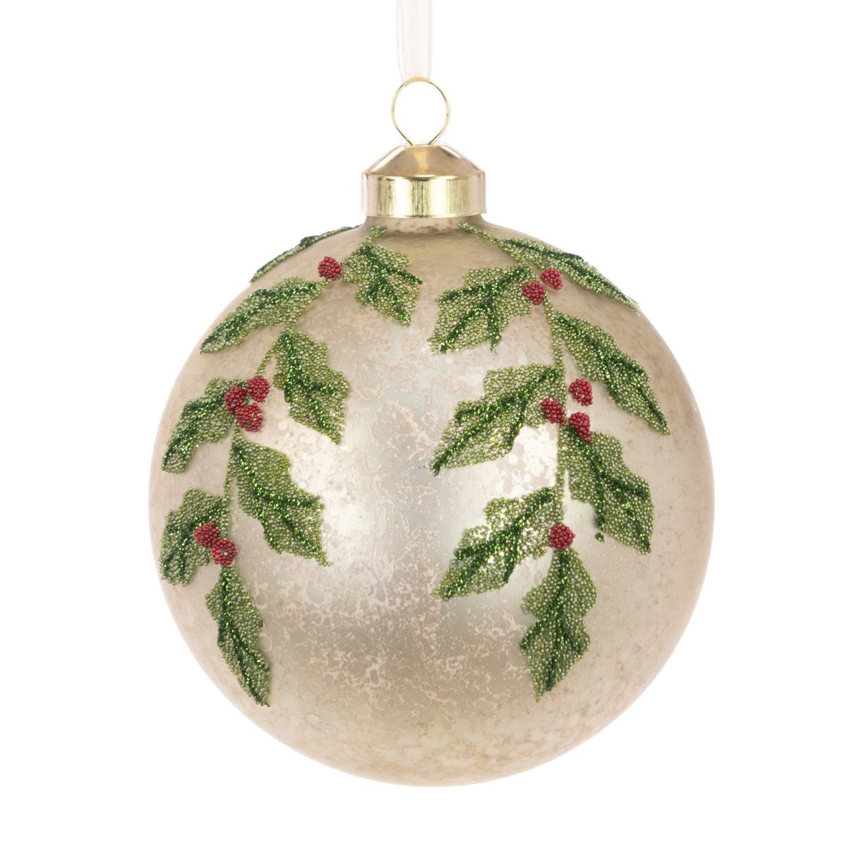 Cream Holly Glass Bauble 10cm - Angela Reed - Christmas Decorations