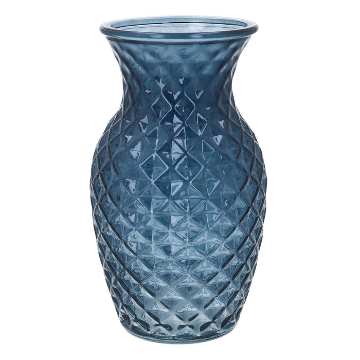 Navy blue glass bud vase with a textured diamond crystal-cut pattern