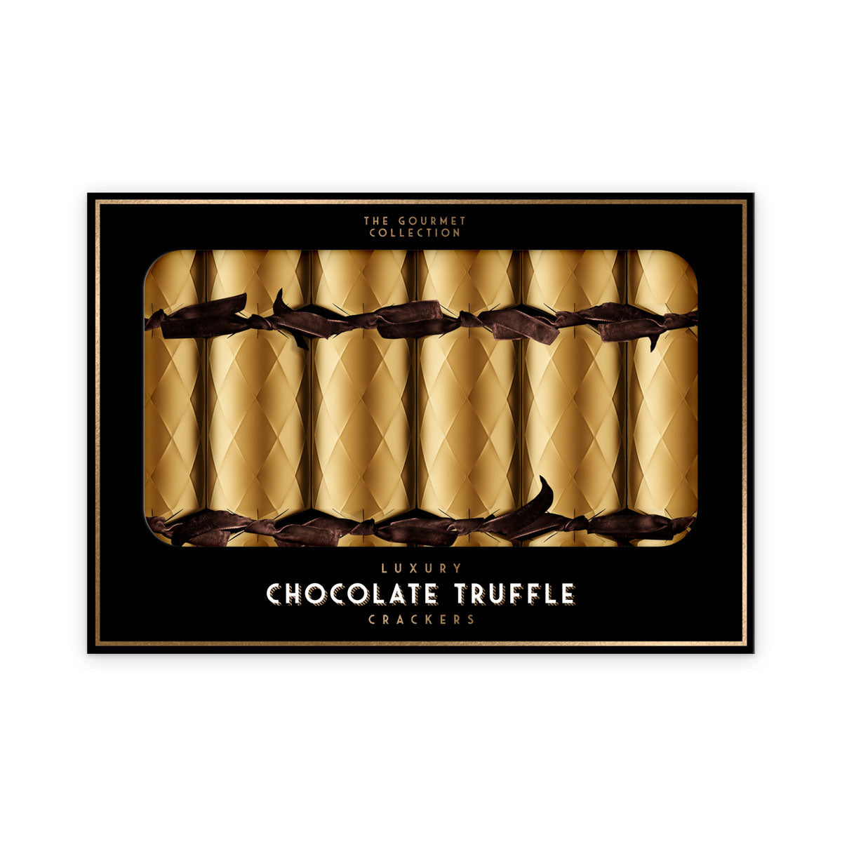 Boxed set of six gold diamond-patterned chocolate truffle crackers with black velvet ribbons.