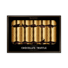 Boxed set of six gold diamond-patterned chocolate truffle crackers with black velvet ribbons.