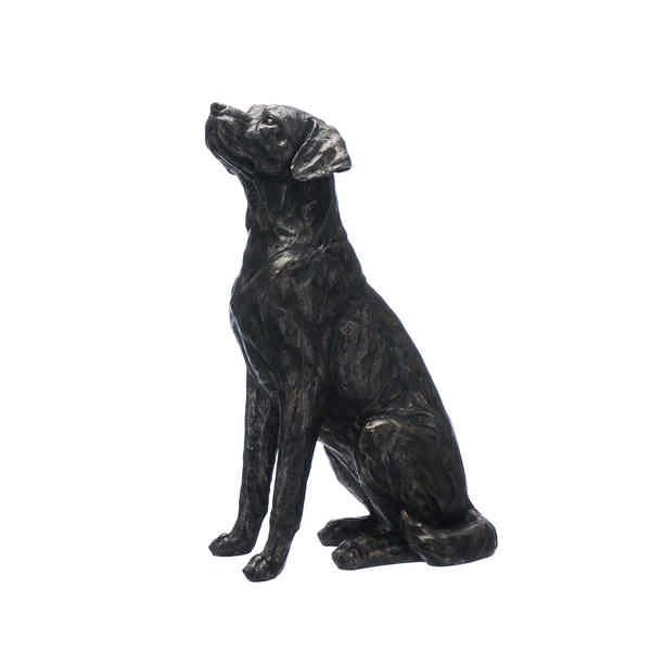 A bronze resin sculpture of a sitting labrador looking upwards, showing detailed textured fur and finish.