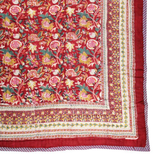 Dark Red, Green and Mustard Floral Print Cotton Bedspread