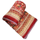 Dark Red, Green and Mustard Floral Print Cotton Bedspread
