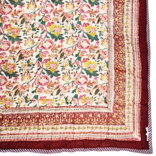 Dark Red, Green and Mustard Floral Print Cotton Bedspread