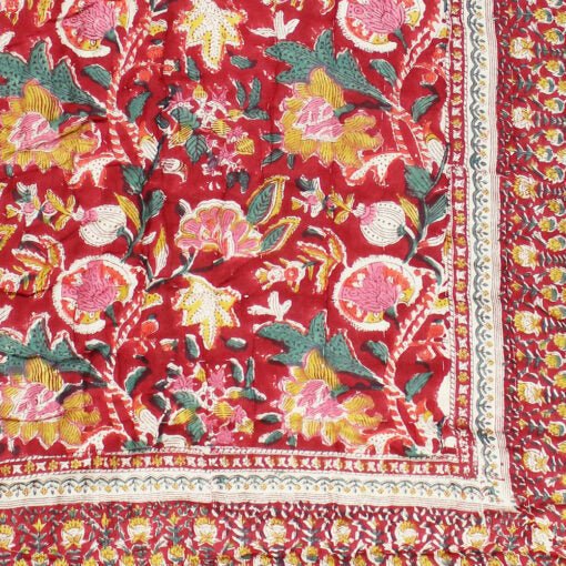 Dark Red, Green and Mustard Floral Print Cotton Bedspread